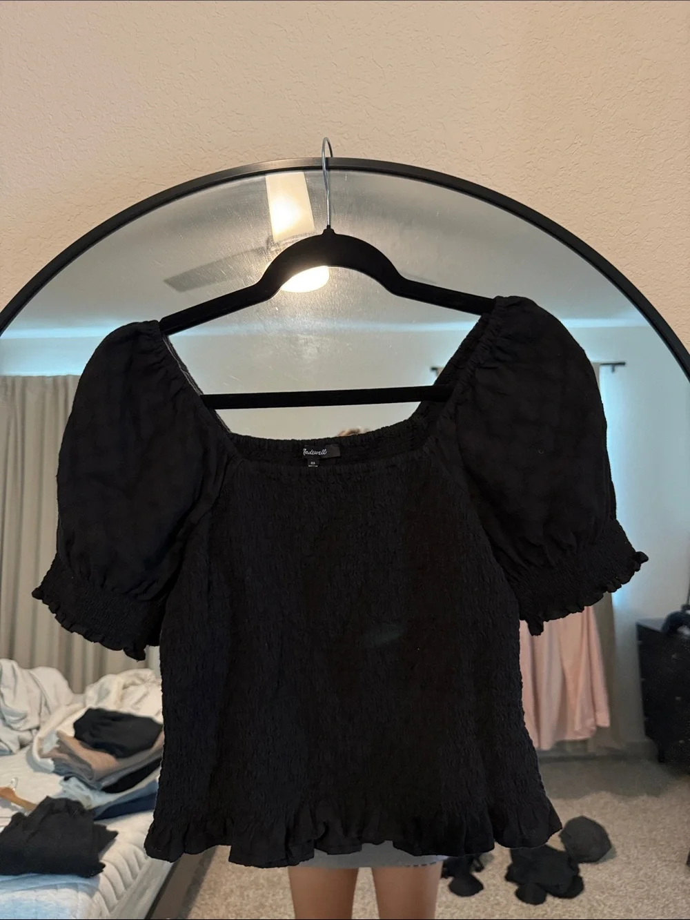 Madewell Black Puff-Sleeve Smocked Square-Neck Blouse